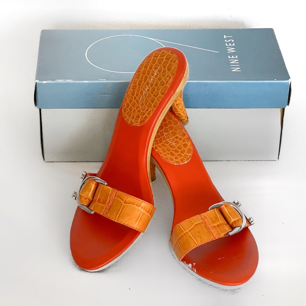 Vintage Nine West Orange Leather Strap Sandal Heels